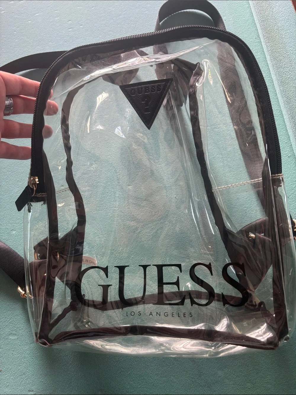 GUESS stadium Clear Black Trim logo Backpack - Transparent Stadium Bag